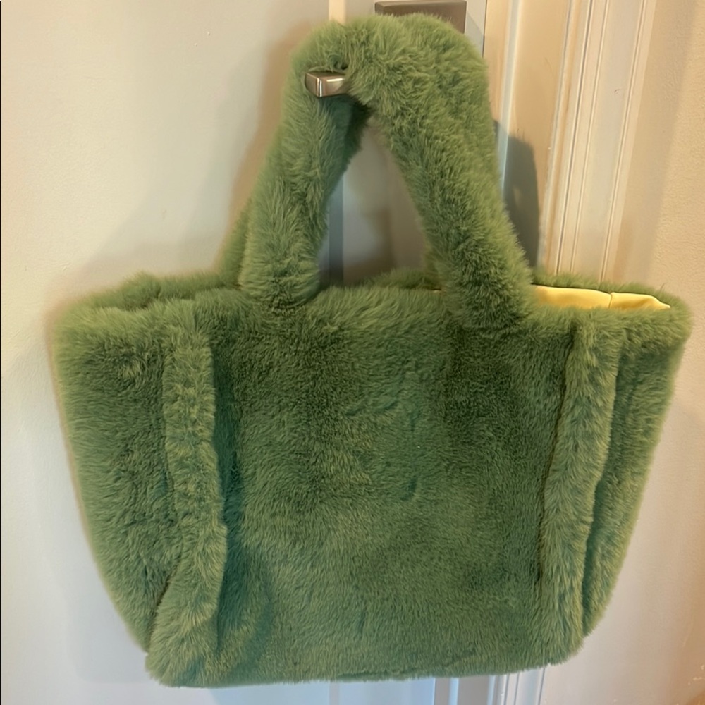 Green Faux Fur Tote Bag faux leather lining
